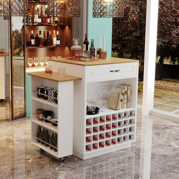 English Elm U-style Rolling Bar Cabinet with Extendable Countertop Wine Rack and Stemware Storage White+Natural WY000493AAK
