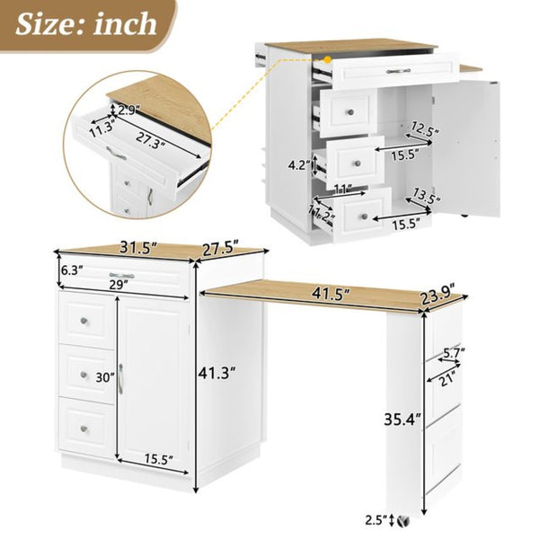 English Elm U-style Rolling Bar Cabinet with Extendable Countertop Wine Rack and Stemware Storage White+Natural WY000493AAK