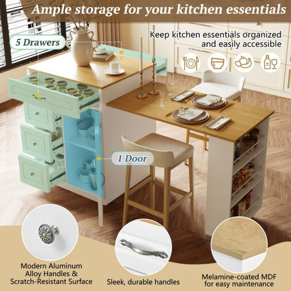 English Elm U-style Rolling Bar Cabinet with Extendable Countertop Wine Rack and Stemware Storage White+Natural WY000493AAK