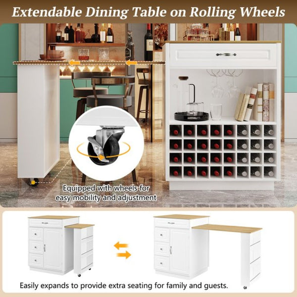English Elm U-style Rolling Bar Cabinet with Extendable Countertop Wine Rack and Stemware Storage White+Natural WY000493AAK