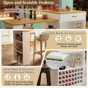 English Elm U-style Rolling Bar Cabinet with Extendable Countertop Wine Rack and Stemware Storage White+Natural WY000493AAK