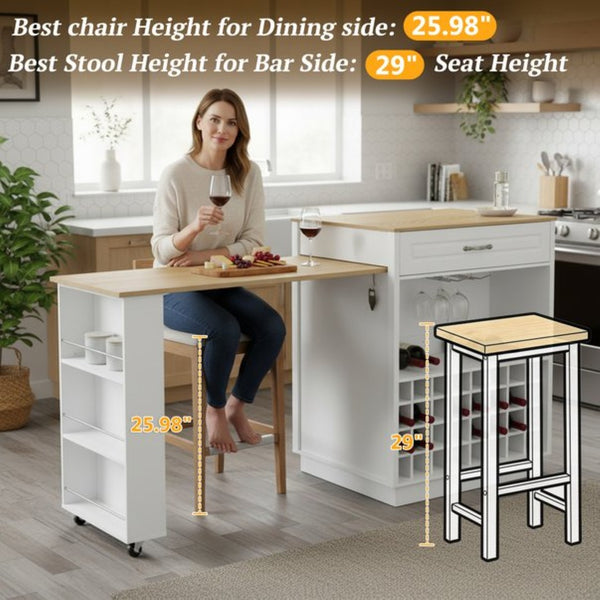 English Elm U-style Rolling Bar Cabinet with Extendable Countertop Wine Rack and Stemware Storage White+Natural WY000493AAK