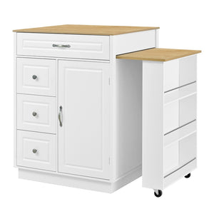 English Elm U-style Rolling Bar Cabinet with Extendable Countertop Wine Rack and Stemware Storage White+Natural WY000493AAK