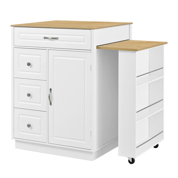 English Elm U-style Rolling Bar Cabinet with Extendable Countertop Wine Rack and Stemware Storage White+Natural WY000493AAK