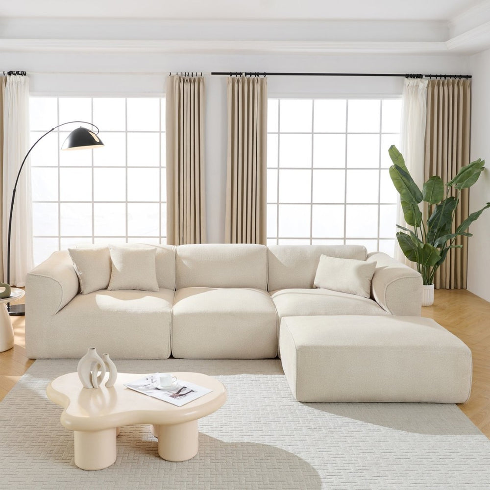 English Elm U_style Cut Velvet 4 Seater Sofa with Piped Trim Detachable Ottoman and Throw Pillows WY000494AAA