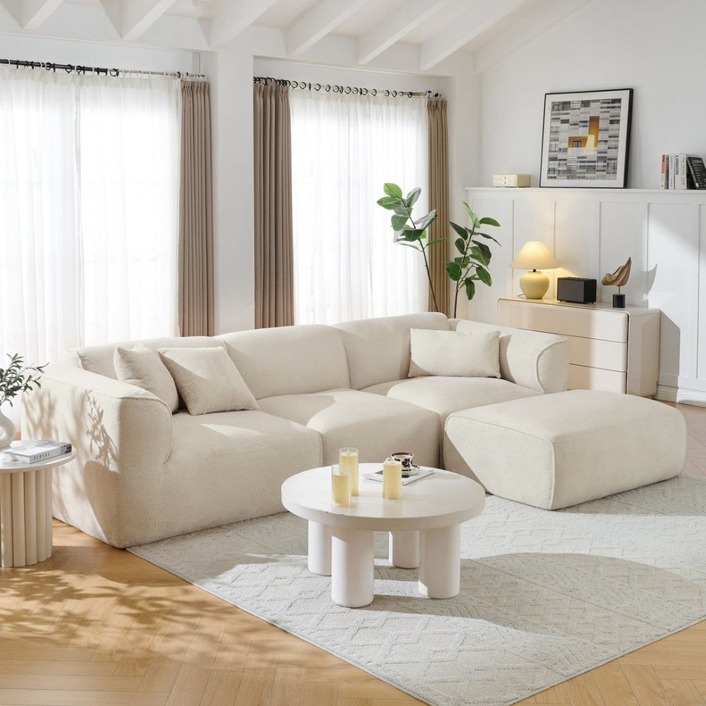English Elm U_style Cut Velvet 4 Seater Sofa with Piped Trim Detachable Ottoman and Throw Pillows WY000494AAA