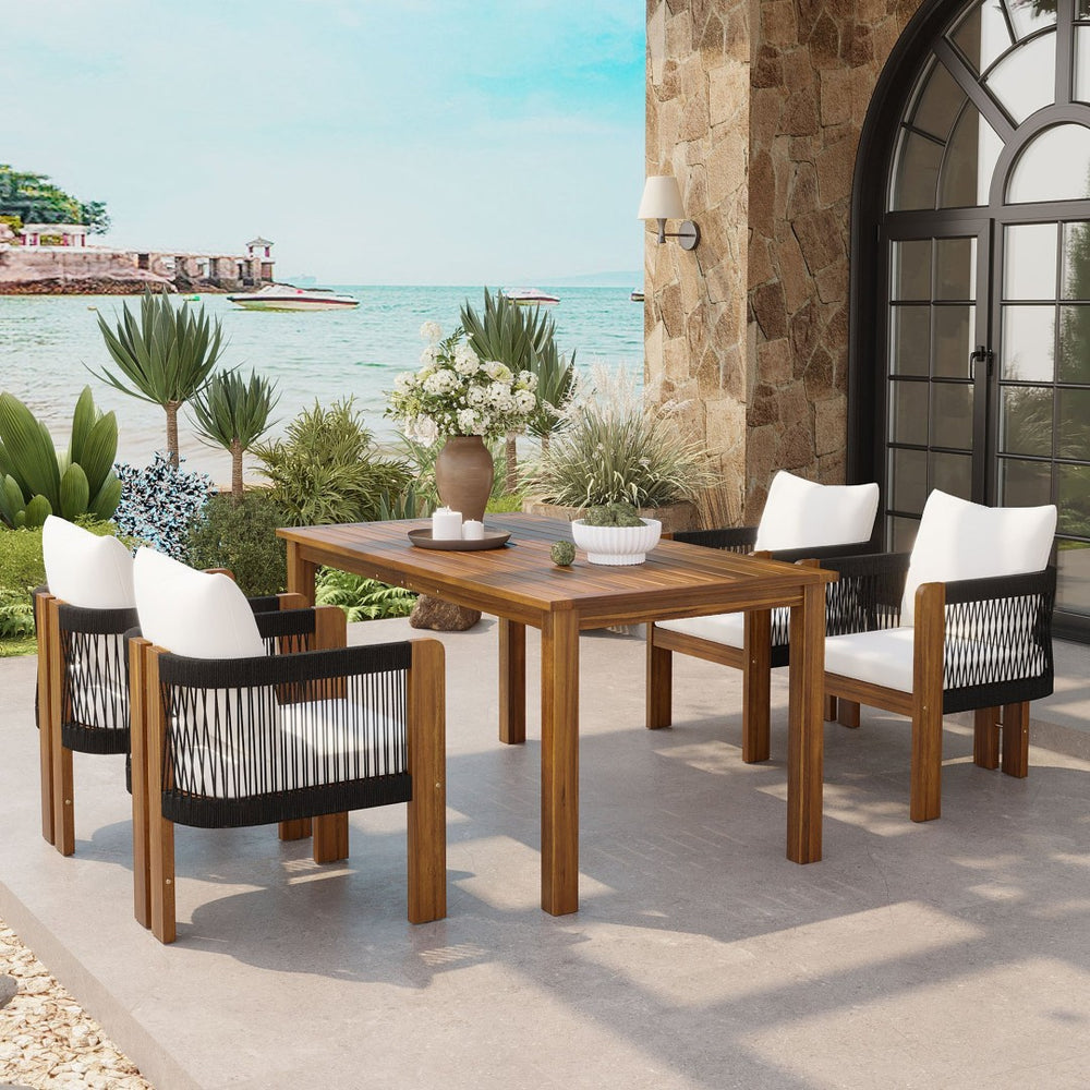 English Elm U_style Acacia Wood Outdoor Dining Set Rope Woven High Back Chairs Farmhouse Patio WY000496AAB