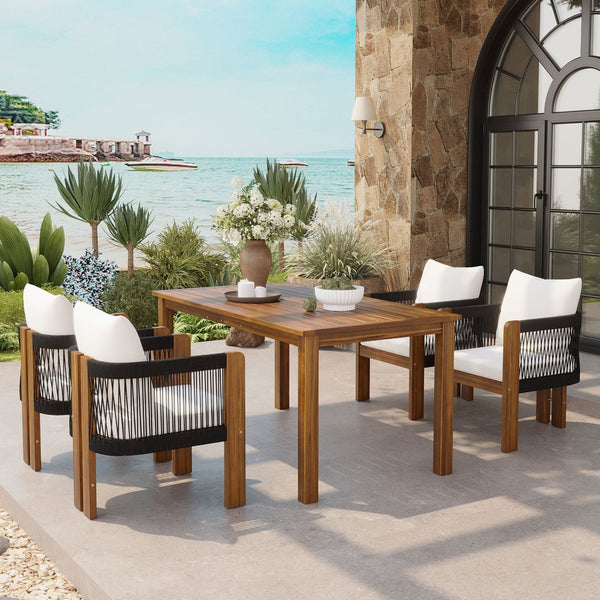 English Elm U_style Acacia Wood Outdoor Dining Set Rope Woven High Back Chairs Farmhouse Patio WY000496AAB