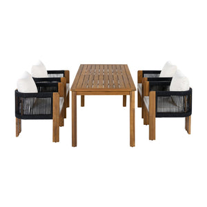 English Elm U_style Acacia Wood Outdoor Dining Set Rope Woven High Back Chairs Farmhouse Patio WY000496AAB