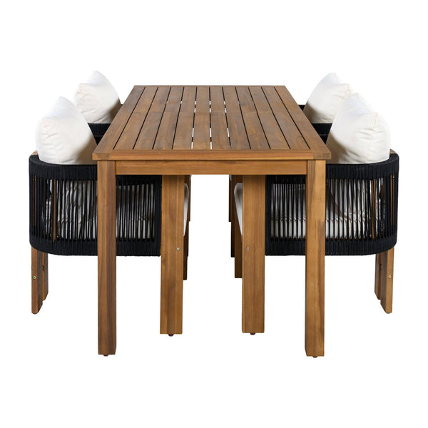 English Elm U_style Acacia Wood Outdoor Dining Set Rope Woven High Back Chairs Farmhouse Patio WY000496AAB