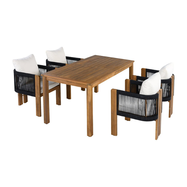 English Elm U_style Acacia Wood Outdoor Dining Set Rope Woven High Back Chairs Farmhouse Patio WY000496AAB