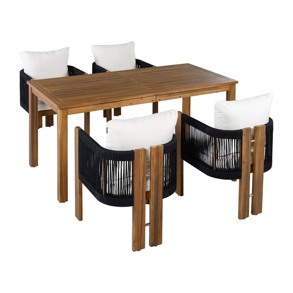 English Elm U_style Acacia Wood Outdoor Dining Set Rope Woven High Back Chairs Farmhouse Patio WY000496AAB