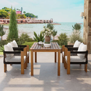 English Elm U_style Acacia Wood Outdoor Dining Set Rope Woven High Back Chairs Farmhouse Patio WY000496AAB