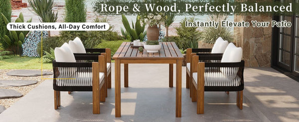 English Elm U_style Acacia Wood Outdoor Dining Set Rope Woven High Back Chairs Farmhouse Patio WY000496AAB