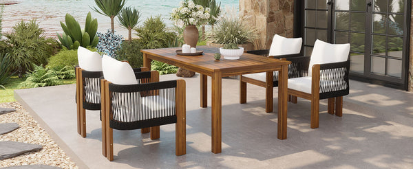 English Elm U_style Acacia Wood Outdoor Dining Set Rope Woven High Back Chairs Farmhouse Patio WY000496AAB