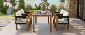 English Elm U_style Acacia Wood Outdoor Dining Set Rope Woven High Back Chairs Farmhouse Patio WY000496AAB