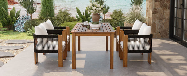 English Elm U_style Acacia Wood Outdoor Dining Set Rope Woven High Back Chairs Farmhouse Patio WY000496AAB
