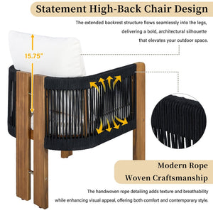 English Elm U_style Acacia Wood Outdoor Dining Set Rope Woven High Back Chairs Farmhouse Patio WY000496AAB