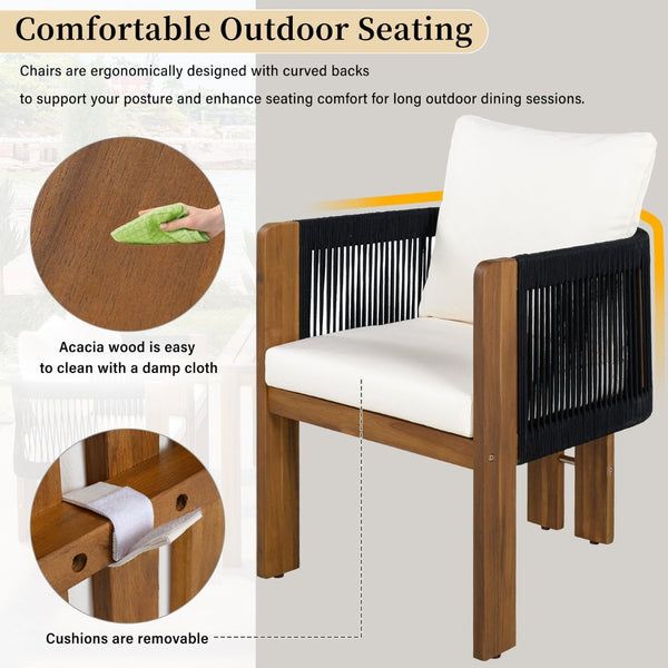 English Elm U_style Acacia Wood Outdoor Dining Set Rope Woven High Back Chairs Farmhouse Patio WY000496AAB