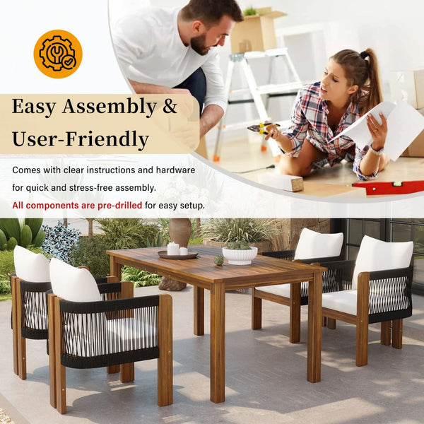 English Elm U_style Acacia Wood Outdoor Dining Set Rope Woven High Back Chairs Farmhouse Patio WY000496AAB