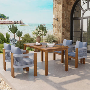 English Elm U_style Solid Acacia Wood Outdoor Dining Set Rope Woven Chairs Farmhouse Patio for 4 WY000496AAE