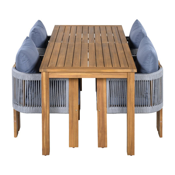 English Elm U_style Solid Acacia Wood Outdoor Dining Set Rope Woven Chairs Farmhouse Patio for 4 WY000496AAE
