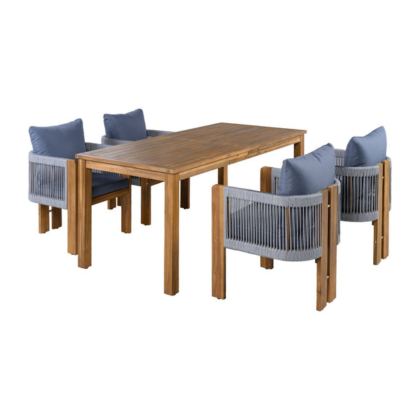 English Elm U_style Solid Acacia Wood Outdoor Dining Set Rope Woven Chairs Farmhouse Patio for 4 WY000496AAE