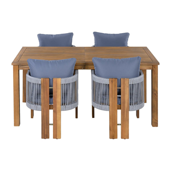 English Elm U_style Solid Acacia Wood Outdoor Dining Set Rope Woven Chairs Farmhouse Patio for 4 WY000496AAE