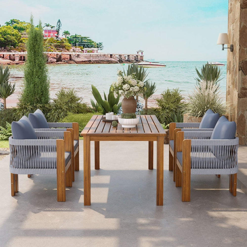 English Elm U_style Solid Acacia Wood Outdoor Dining Set Rope Woven Chairs Farmhouse Patio for 4 WY000496AAE