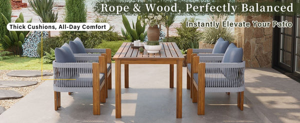 English Elm U_style Solid Acacia Wood Outdoor Dining Set Rope Woven Chairs Farmhouse Patio for 4 WY000496AAE