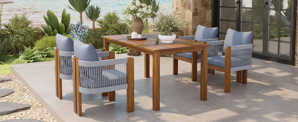 English Elm U_style Solid Acacia Wood Outdoor Dining Set Rope Woven Chairs Farmhouse Patio for 4 WY000496AAE
