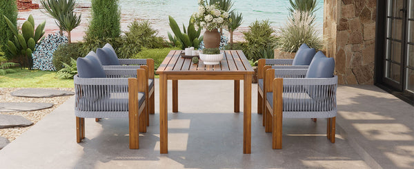English Elm U_style Solid Acacia Wood Outdoor Dining Set Rope Woven Chairs Farmhouse Patio for 4 WY000496AAE