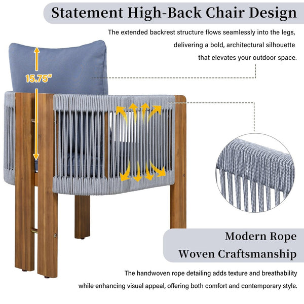 English Elm U_style Solid Acacia Wood Outdoor Dining Set Rope Woven Chairs Farmhouse Patio for 4 WY000496AAE