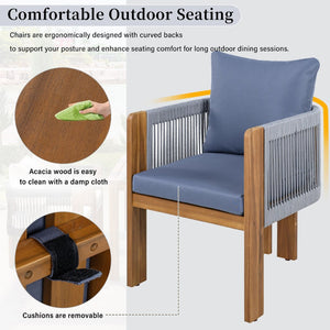 English Elm U_style Solid Acacia Wood Outdoor Dining Set Rope Woven Chairs Farmhouse Patio for 4 WY000496AAE