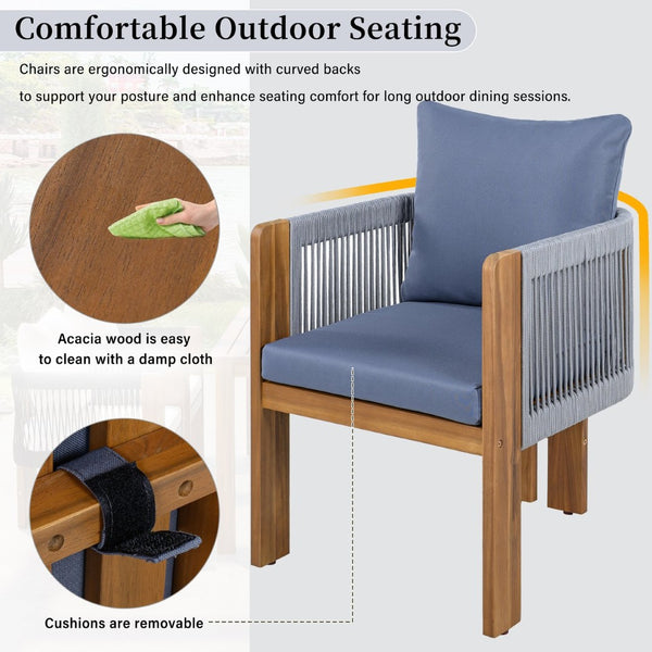 English Elm U_style Solid Acacia Wood Outdoor Dining Set Rope Woven Chairs Farmhouse Patio for 4 WY000496AAE