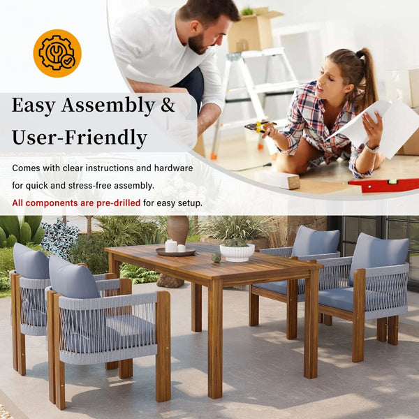 English Elm U_style Solid Acacia Wood Outdoor Dining Set Rope Woven Chairs Farmhouse Patio for 4 WY000496AAE