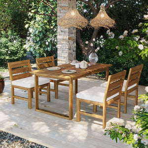 English Elm U_style Farmhouse Acacia Wood Outdoor Dining Set Seats Four with Cushioned Chairs Beige/Natural WY000497AAA