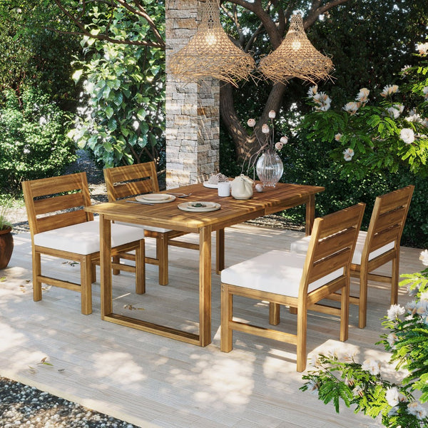 English Elm U_style Farmhouse Acacia Wood Outdoor Dining Set Seats Four with Cushioned Chairs Beige/Natural WY000497AAA