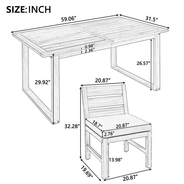 English Elm U_style Farmhouse Acacia Wood Outdoor Dining Set Seats Four with Cushioned Chairs Beige/Natural WY000497AAA