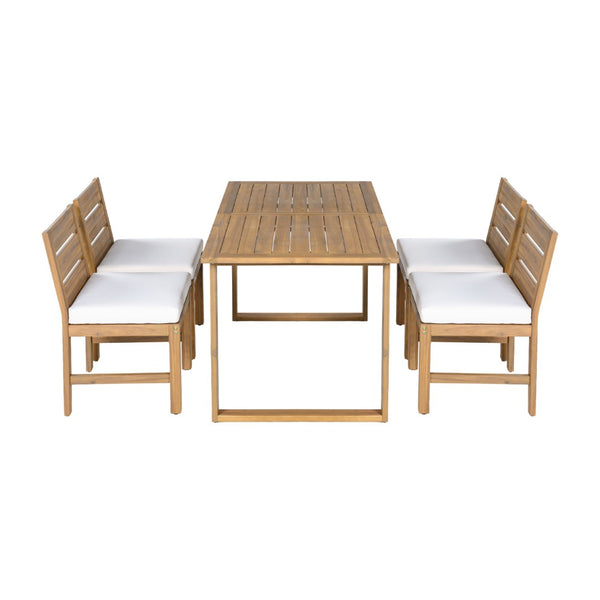 English Elm U_style Farmhouse Acacia Wood Outdoor Dining Set Seats Four with Cushioned Chairs Beige/Natural WY000497AAA