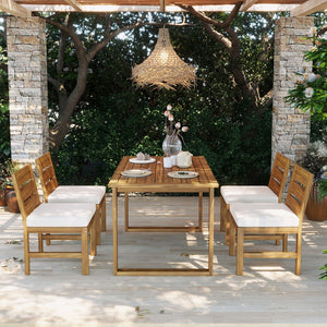 English Elm U_style Farmhouse Acacia Wood Outdoor Dining Set Seats Four with Cushioned Chairs Beige/Natural WY000497AAA
