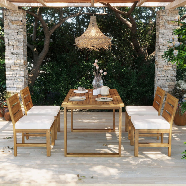 English Elm U_style Farmhouse Acacia Wood Outdoor Dining Set Seats Four with Cushioned Chairs Beige/Natural WY000497AAA