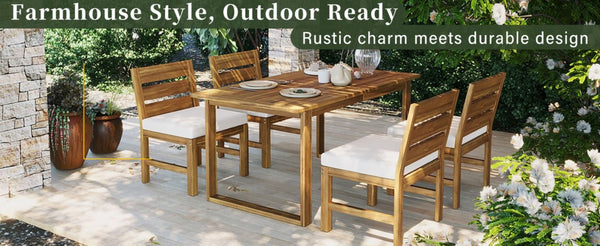 English Elm U_style Farmhouse Acacia Wood Outdoor Dining Set Seats Four with Cushioned Chairs Beige/Natural WY000497AAA