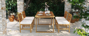 English Elm U_style Farmhouse Acacia Wood Outdoor Dining Set Seats Four with Cushioned Chairs Beige/Natural WY000497AAA