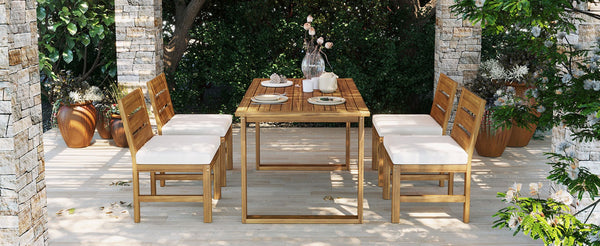 English Elm U_style Farmhouse Acacia Wood Outdoor Dining Set Seats Four with Cushioned Chairs Beige/Natural WY000497AAA