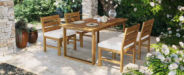 English Elm U_style Farmhouse Acacia Wood Outdoor Dining Set Seats Four with Cushioned Chairs Beige/Natural WY000497AAA