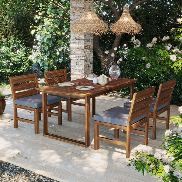 English Elm U_style Farmhouse Acacia Wood Outdoor Dining Set Seats Four with Cushioned Chairs Brown/Gray WY000497AAE