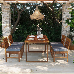 English Elm U_style Farmhouse Acacia Wood Outdoor Dining Set Seats Four with Cushioned Chairs Brown/Gray WY000497AAE