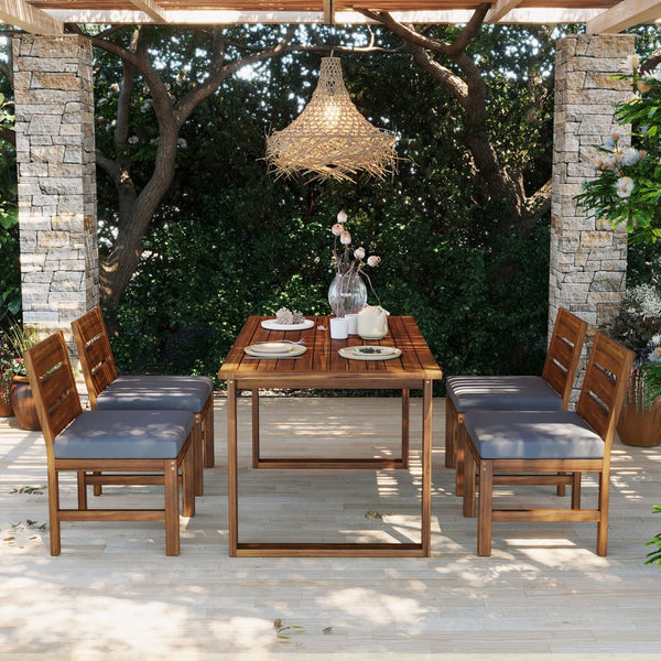 English Elm U_style Farmhouse Acacia Wood Outdoor Dining Set Seats Four with Cushioned Chairs Brown/Gray WY000497AAE
