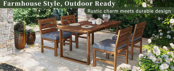 English Elm U_style Farmhouse Acacia Wood Outdoor Dining Set Seats Four with Cushioned Chairs Brown/Gray WY000497AAE